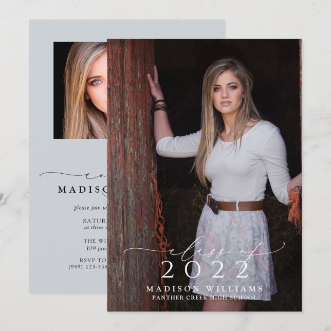 Simple Class of 2022 Blue 2 Photo Graduation Party Invitation (Front/Back)