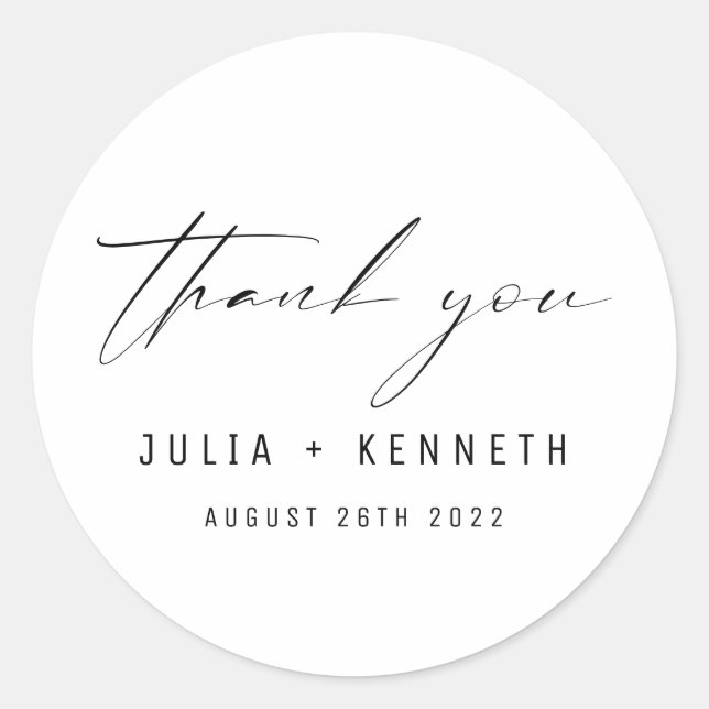 Simple Classic Black and White Wedding Thank You Classic Round Sticker (Front)
