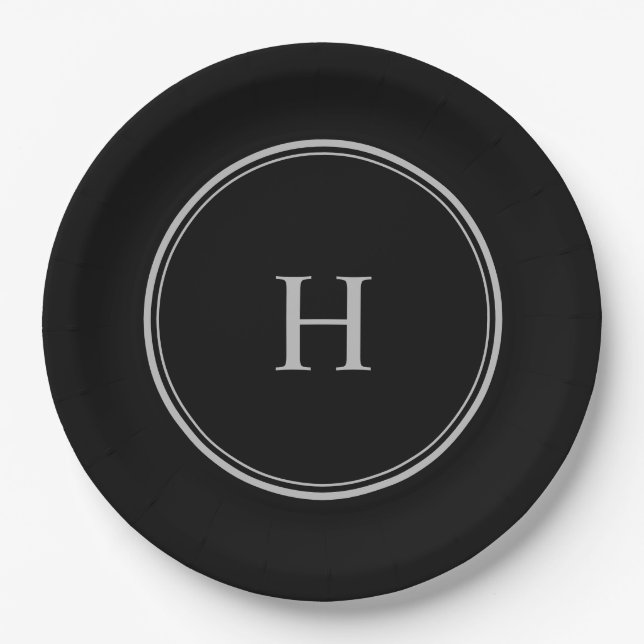 Simple Classic Black with Grey Monogram Paper Plate (Front)