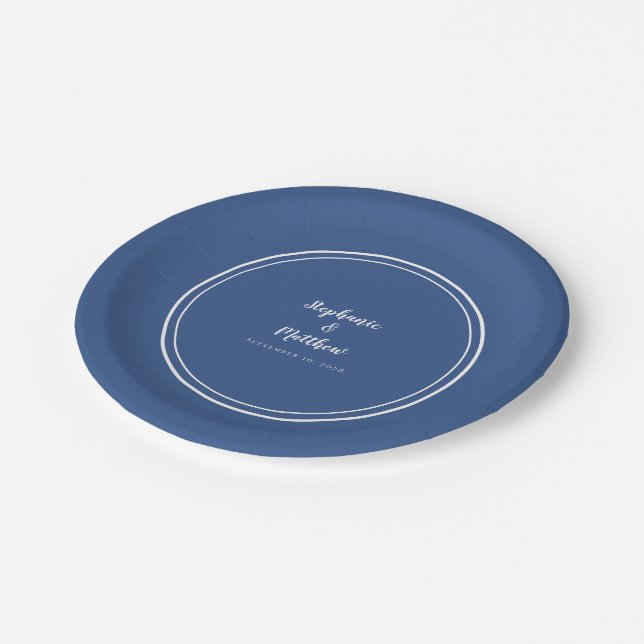 Simple Classic Blue Modern Bride & Groom Wedding Paper Plate (Angled)