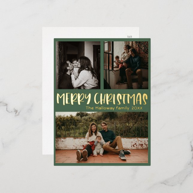 Simple Classic Christmas Green Three Photo Gold Foil Holiday Postcard (Front/Back)