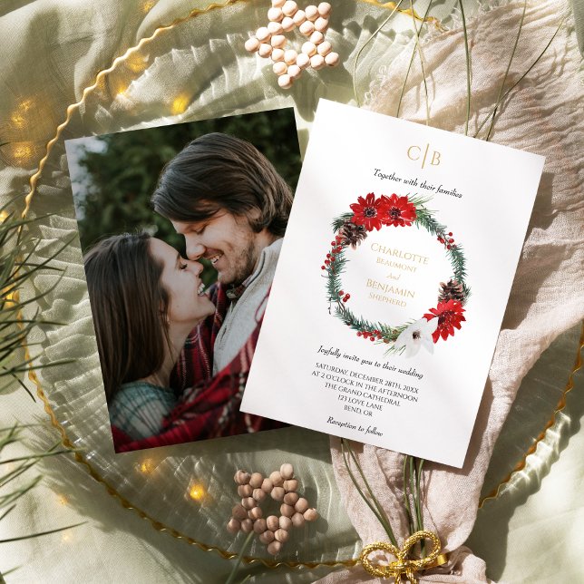 Simple Classic Christmas Monogram Photo Wedding Invitation (Creator Uploaded)