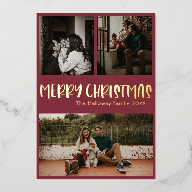 Simple Classic Christmas Red Three Photo Gold Foil Holiday Card (Front)