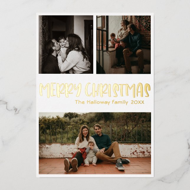 Simple Classic Christmas Three Photo Gold Foil Holiday Card (Front)