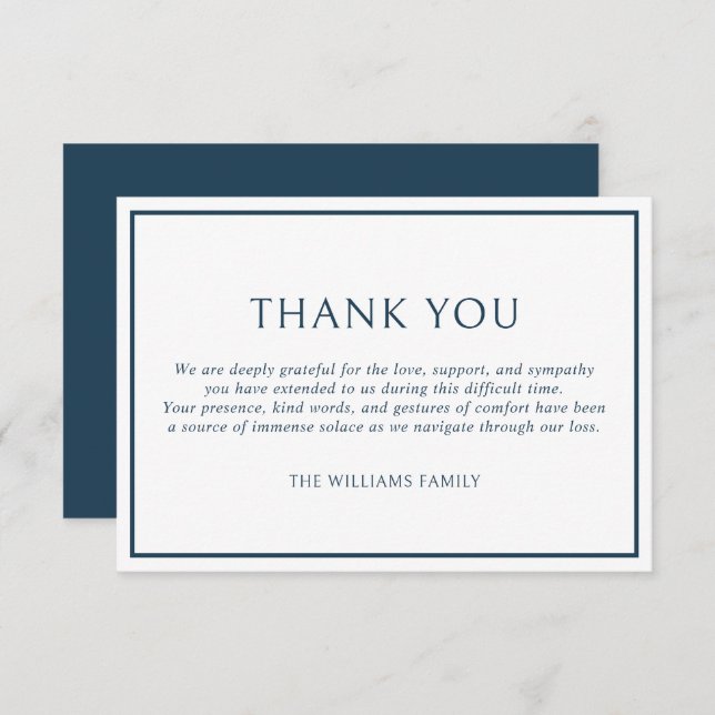 Simple Classic Dark Blue Frame Funeral Sympathy Thank You Card (Front/Back)
