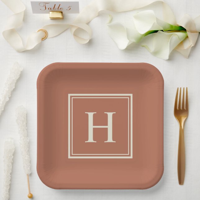 Simple Classic Elegant Monogram on Terracotta Paper Plate (Wedding)