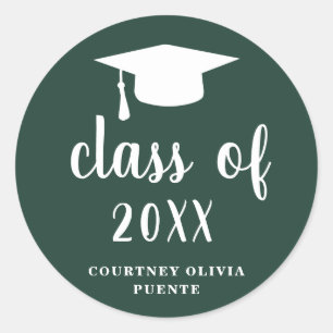 Simple Classic Forest Green White Graduation Cap Classic Round Sticker