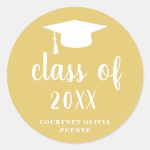 Simple Classic Gold and White Graduation Cap Classic Round Sticker
