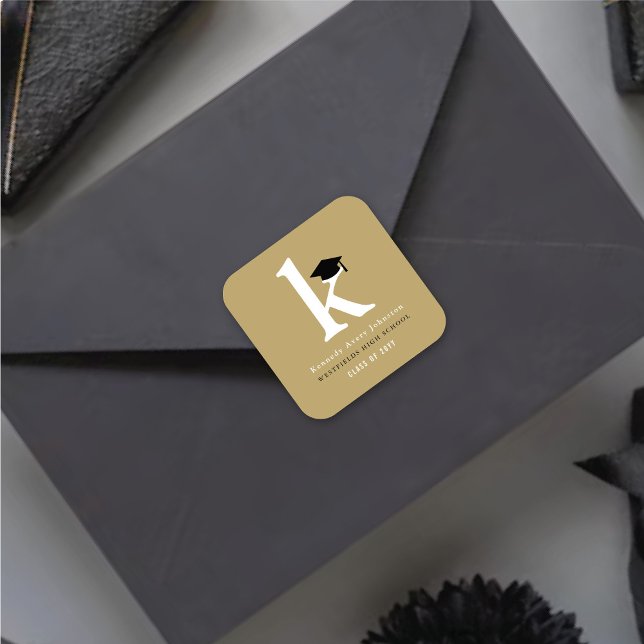 Simple Classic Grad Monogram Modern Graduation Cap Square Sticker (Simple Classic Grad Monogram Modern Graduation Cap Classic Round Sticker @ zazzle.com/color_therapy)