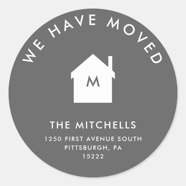 Simple Classic Grey and White House | New Address Classic Round Sticker (Front)
