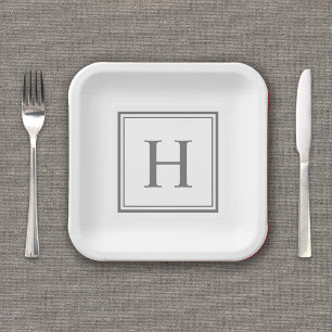 Simple Classic Grey Monogram on White Paper Plate