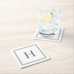 Simple Classic Grey Monogram on White Square Paper Coaster