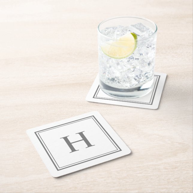 Simple Classic Grey Monogram on White Square Paper Coaster (Insitu)