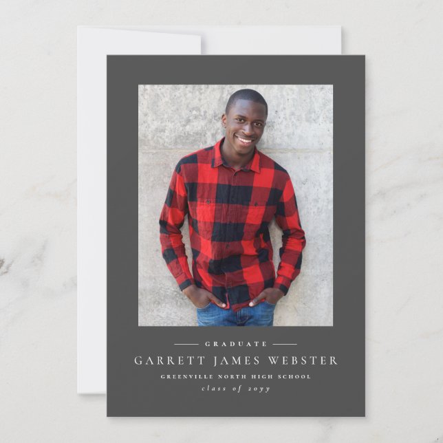 Simple classic grey photo graduation announcement (Front)
