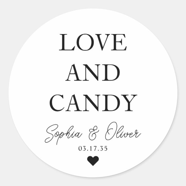 Simple Classic LOVE AND CANDY Heart Wedding Favour Classic Round Sticker (Front)