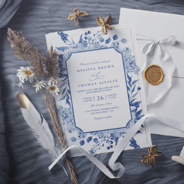 Simple Classic Love Script Rose QR Code Wedding Invitation (Creator Uploaded)