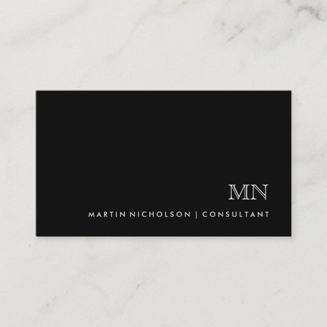 Simple Classic Masculine Monogram on Black Business Card (Front)