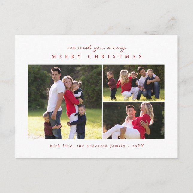 Simple Classic Minimal Merry Christmas Red 3 Photo Holiday Postcard (Front)