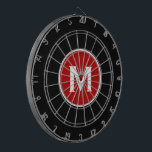 Simple Classic Monogram Black Red Dartboard<br><div class="desc">Modern black dart board with simple red monogram medallion with classic block typography initial in white. Personalize with monogram initial; use customize menu to change background colour or typography.</div>
