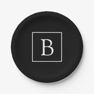 Simple Classic Monogram   Black w/ White Text Paper Plate