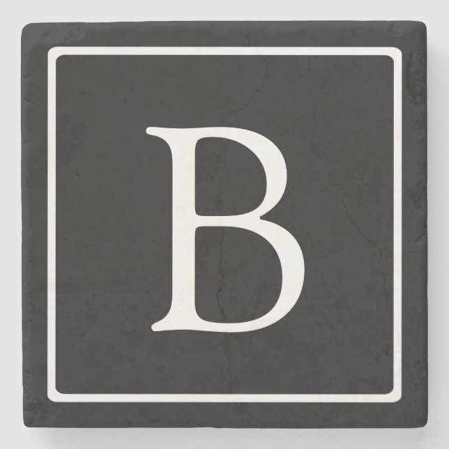 Simple Classic Monogram | Black w/ White Text Stone Coaster (Front)