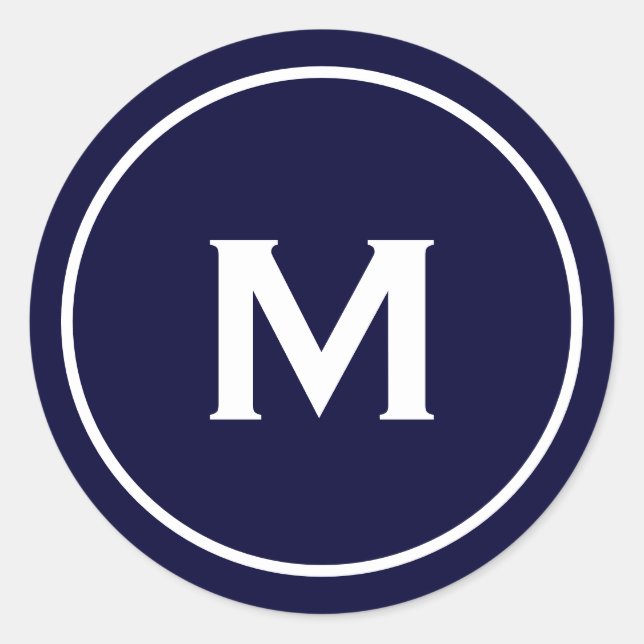 Simple Classic Monogram Navy Blue White Round Sticker (Front)
