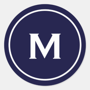 Simple Classic Monogram Navy Blue White Round Sticker