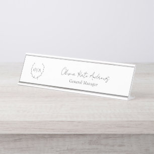 Simple Classic Monogram Wreath Elegant Desk Name Plate