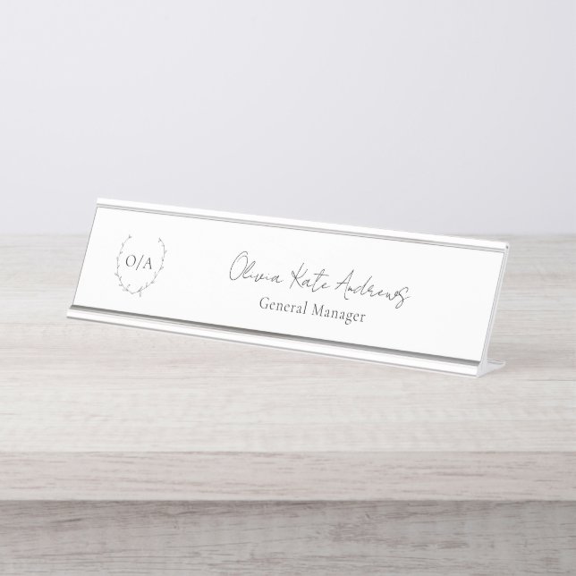 Simple Classic Monogram Wreath Elegant Desk Name Plate (Front)