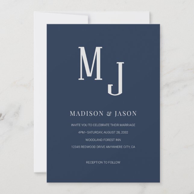 Simple Classic Navy blue Roman Monogram Wedding Invitation (Front)