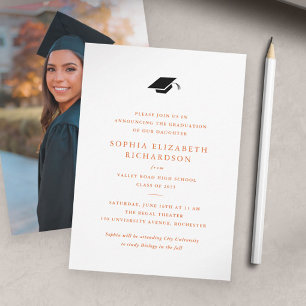 Simple Classic Orange and White Photo Graduation Announcement