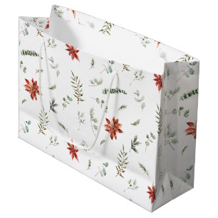 Simple Classic Poinsettia Berry Greenery Christmas Large Gift Bag