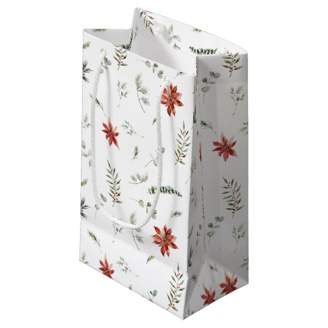 Simple Classic Poinsettia Berry Greenery Christmas Small Gift Bag (Front Angled)