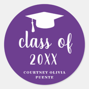 Simple Classic Purple and White Graduation Cap Round Sticker