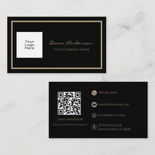 Simple Classic QR code Black and Tan Business Card (Front/Back)