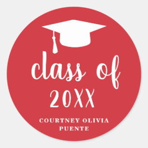 Simple Classic Red and White Graduation Cap Round Sticker