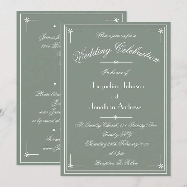 Simple Classic Sage Green All In One Wedding Invitation (Front/Back)