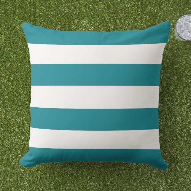 Simple Classic Teal Blue Horizontal Stripes Outdoor Pillow (Grass)