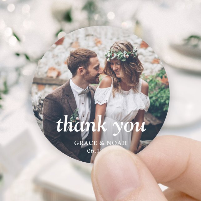 Simple Classic Typography Photo Wedding Thank You Classic Round Sticker (Creator Uploaded)