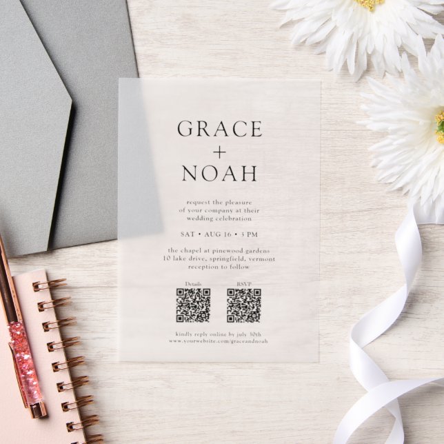 Simple Classic Typography QR RSVP Wedding Overlay Vellum Invitations (Wedding)