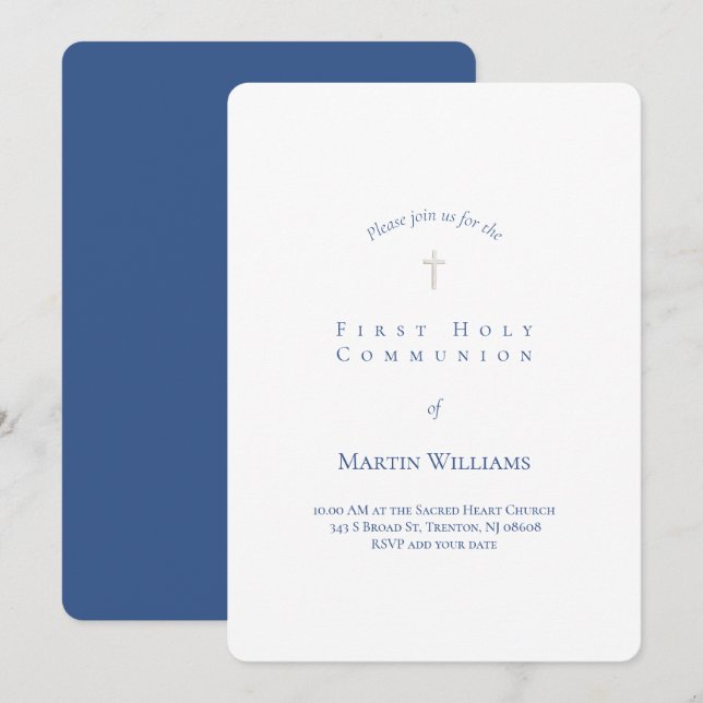 simple classic white and blue First Communion boy Invitation (Front/Back)