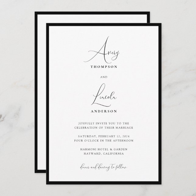 Simple Classy Black & White Border Wedding QR Code Invitation (Front/Back)
