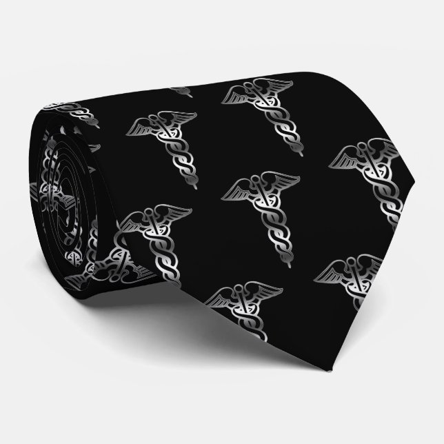 Simple Classy Elegant Silver Caduceus Medical Tie (Rolled)