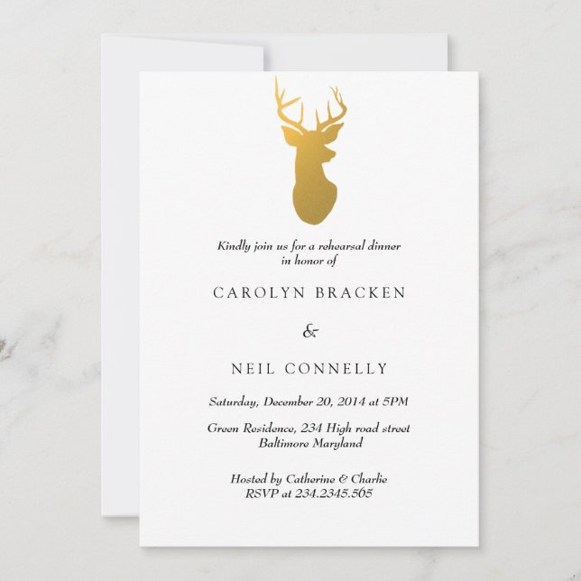Simple Classy Gold Antler Modern Rehearsal Dinner Invitation (Front)