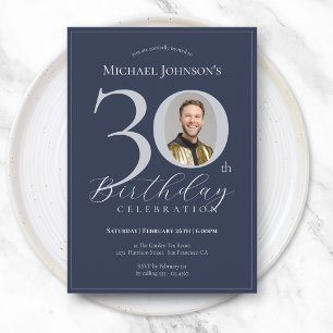 Simple Classy Navy Blue Silver Photo 30th Birthday Invitation