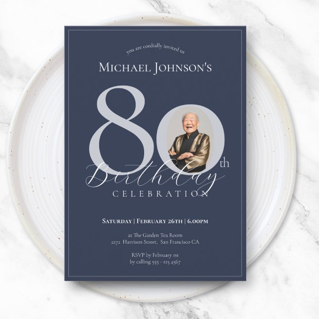 Simple Classy Navy Blue Silver Photo 80th Birthday Invitation (Simple Classy Navy Blue Silver Photo 80th Birthday Invitation)