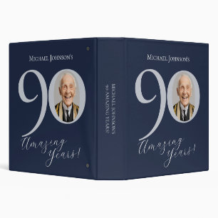 Simple Classy Navy Blue Silver Photo 90th Birthday Binder
