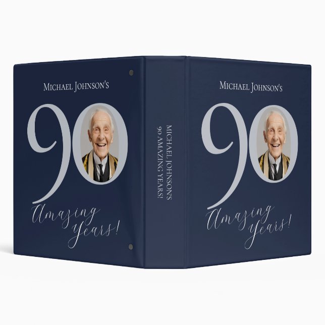 Simple Classy Navy Blue Silver Photo 90th Birthday Binder (Background)