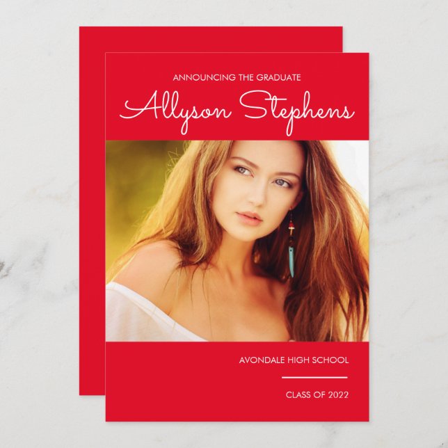 Simple Classy Script One Photo Red | White Text  Announcement (Front/Back)