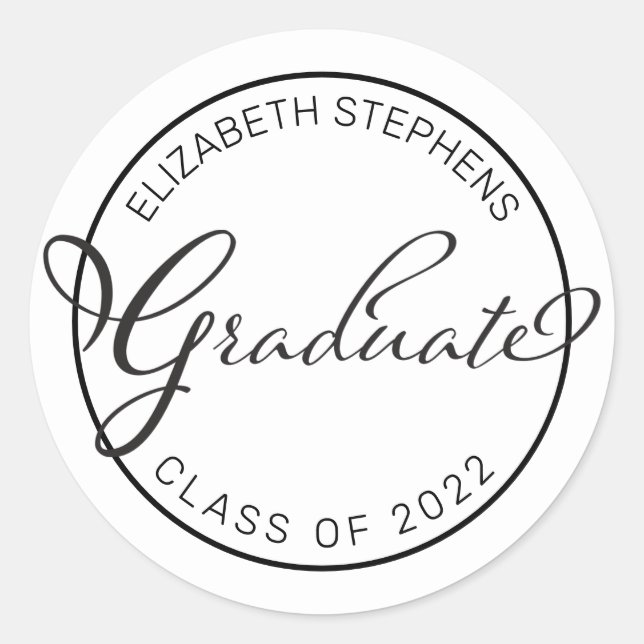Simple Classy Script Text Graduate White | Black Classic Round Sticker (Front)